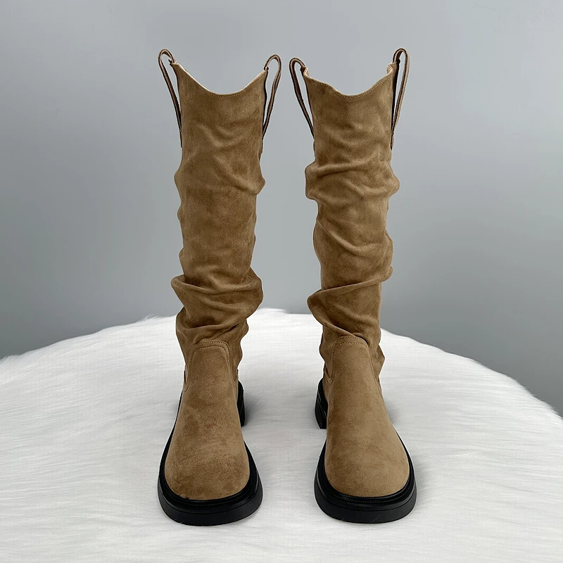 复古时尚爆款堆堆长筒靴女2025秋冬新款绒面低跟显瘦美拉德骑士靴