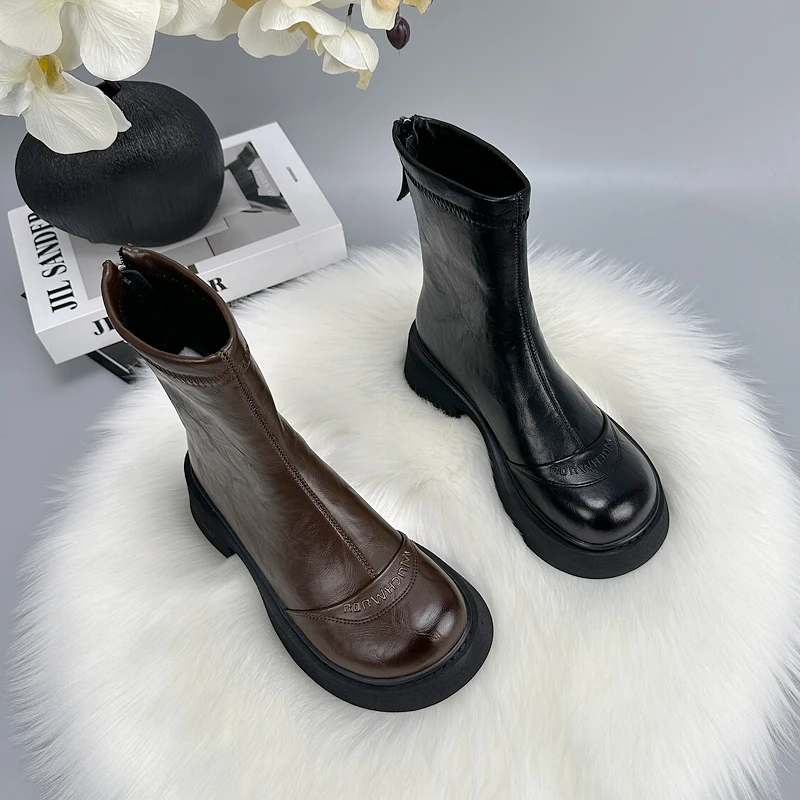 英伦爆款厚底炸街小短靴女2025秋冬新款帅气加绒圆头显脚小烟筒靴