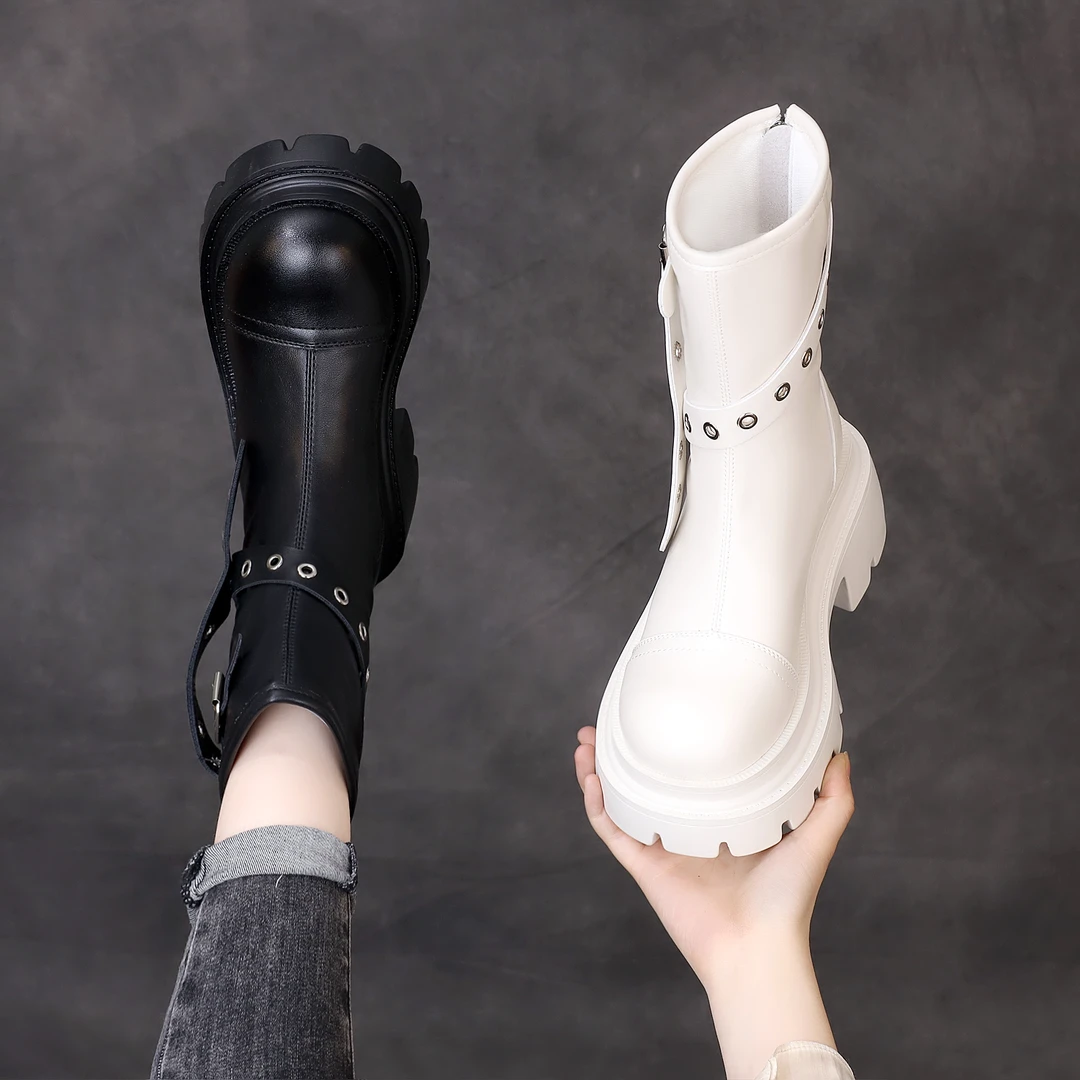 欧洲站厚底增高中筒女靴2024新款秋冬英伦爆款显瘦软底机车骑士靴