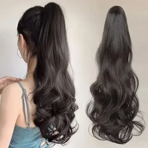 抓夹式马尾假发女长卷发新款真发高马尾时尚自然逼真大波浪假辫子