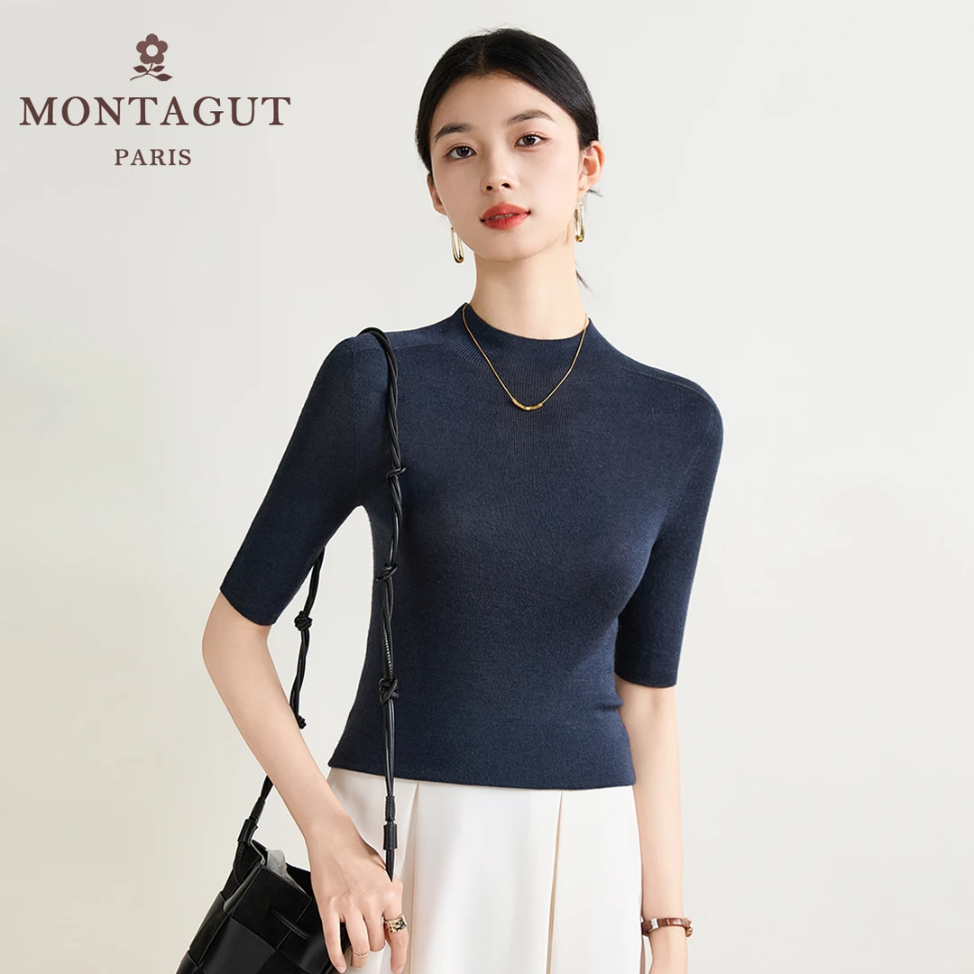 Montagut/梦特娇秋季桑蚕丝羊绒纯色半袖女士SRMD241201