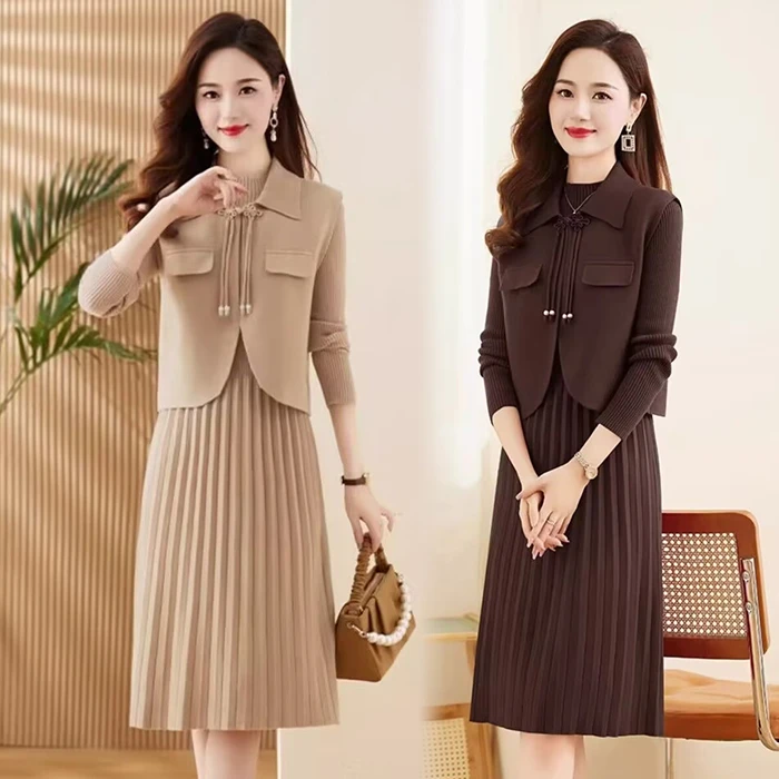 长袖针织连衣裙女春秋装2025年新款名媛气质女神范马甲两件套装