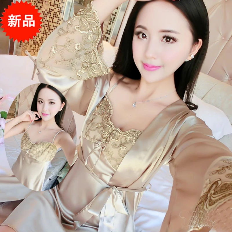 性感睡衣女春秋季时尚冰丝蕾丝吊带睡裙睡袍两件套长袖薄款家居服