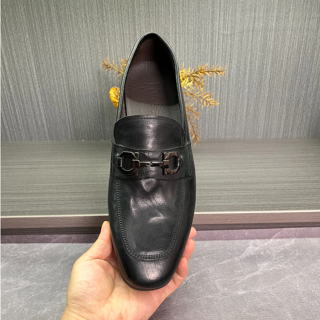 春夏手抓纹休闲皮鞋男真皮透气一脚蹬软皮软底黑色百搭潮流乐福鞋
