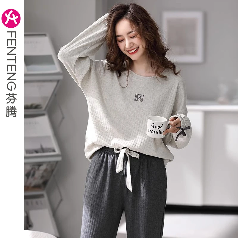 芬腾春秋长袖睡衣女纯棉套头韩版简约春季休闲全棉大码家居服套装