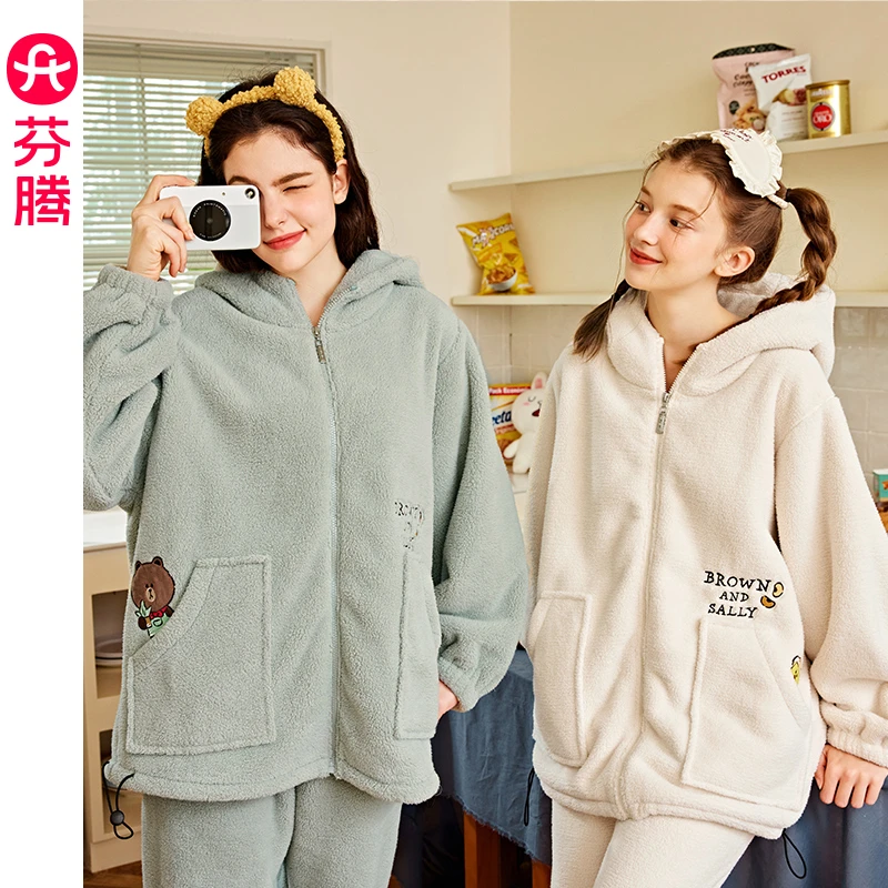 芬腾睡衣女秋冬季珊瑚绒加绒加厚保暖可爱布朗熊可外穿家居服套装