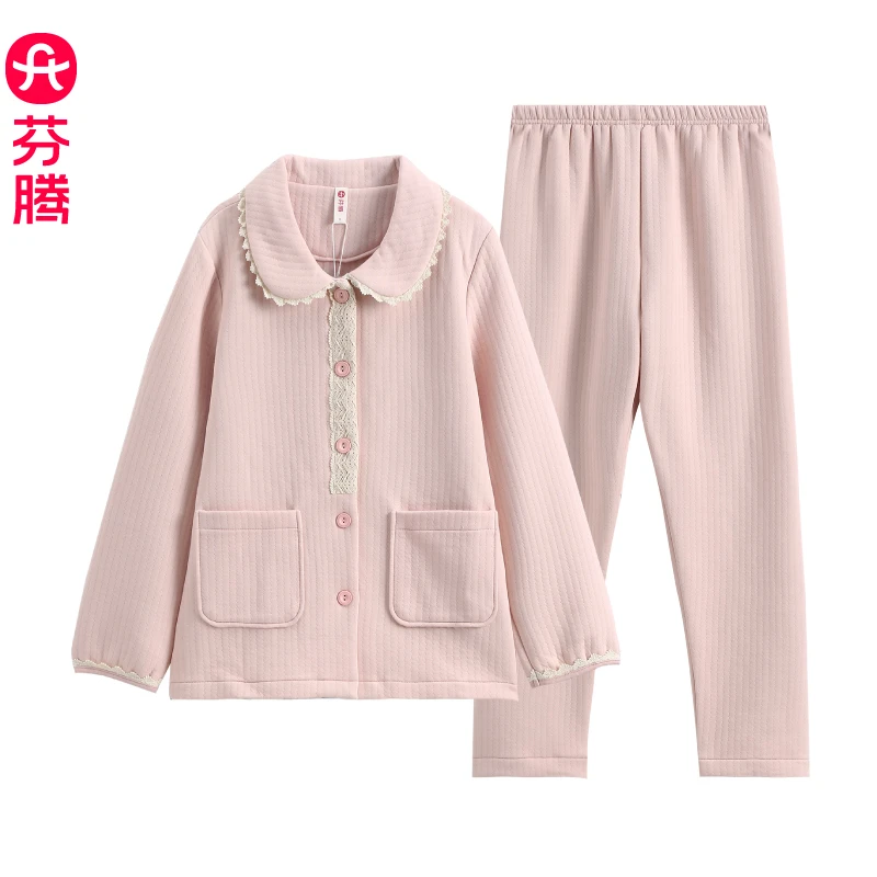 芬腾睡衣女秋冬2024新款三层夹棉女款加厚保暖纯棉棉袄家居服套装