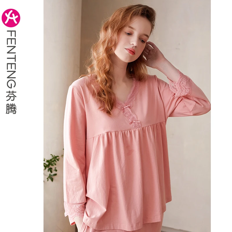 芬腾长袖睡衣女士V领套头春秋季纯棉宽松大码全棉春款家居服套装