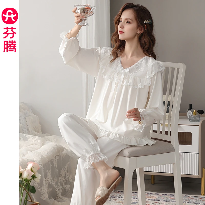 芬腾新款睡衣女款春秋纯棉女士甜美法式长袖套装宽松可外穿家居服