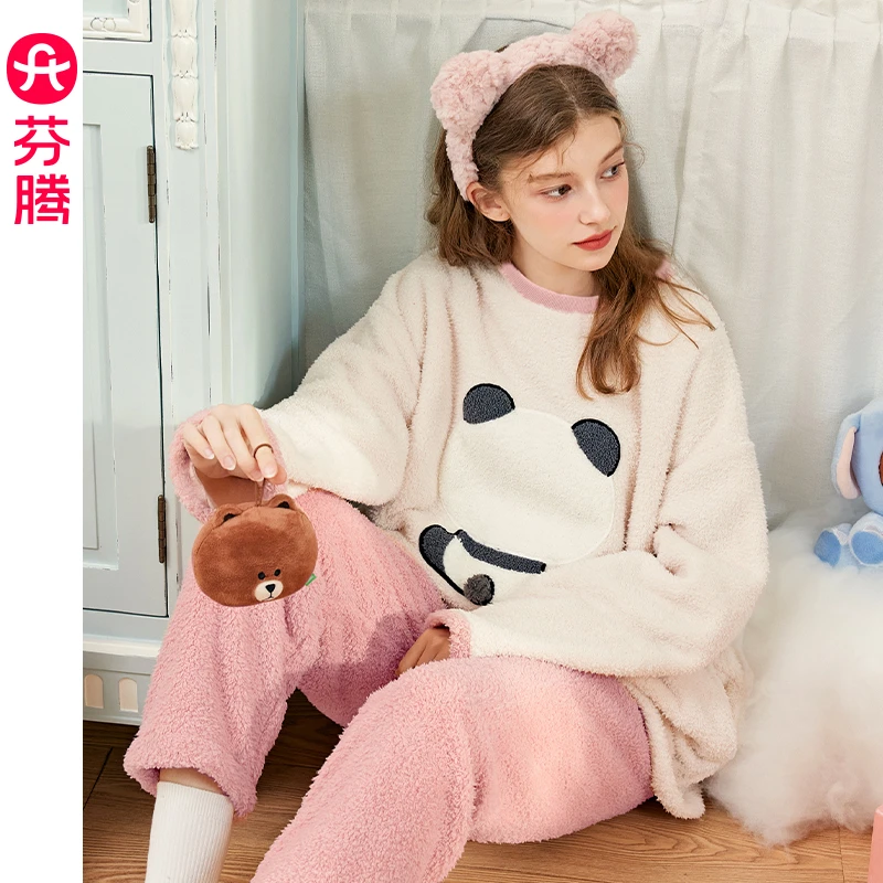 芬腾睡衣女款珊瑚绒女士秋冬套装加绒加厚保暖可爱少女大码家居服