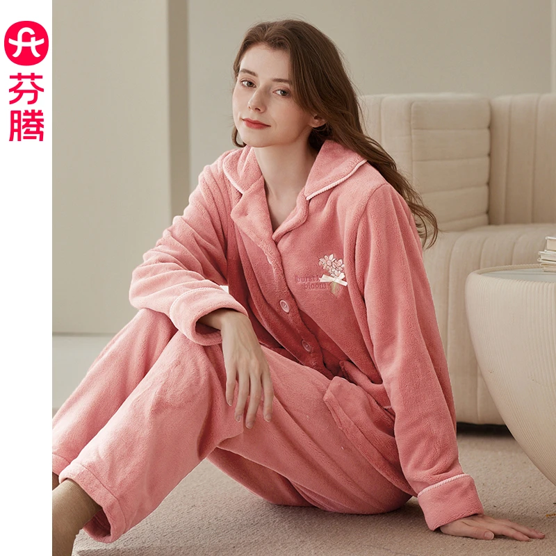 芬腾秋冬季睡衣女法兰绒加厚加绒保暖加大码家居服珊瑚绒宽松套装