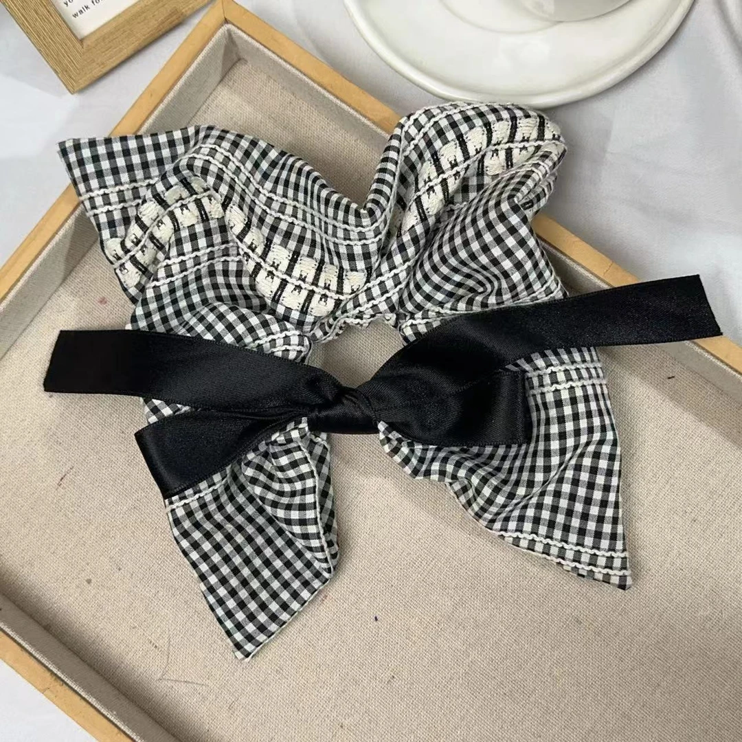 秋冬新款芭蕾风蝴蝶结大肠发圈女小众设计格纹方巾头绳丸子头发饰