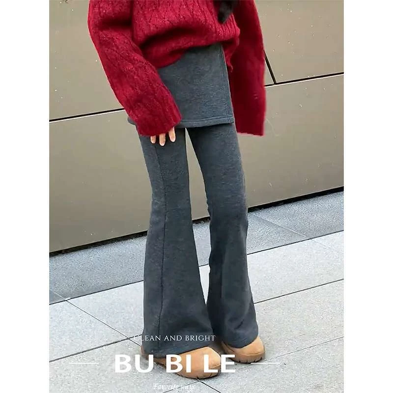 女童加绒裤子秋冬款2024新款冬季儿童修身喇叭裤假两件加厚打底裤