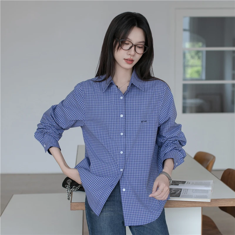 秋季新款长袖气质上衣开衫外套纯棉高级感宽松小个子蓝色格子衬衫