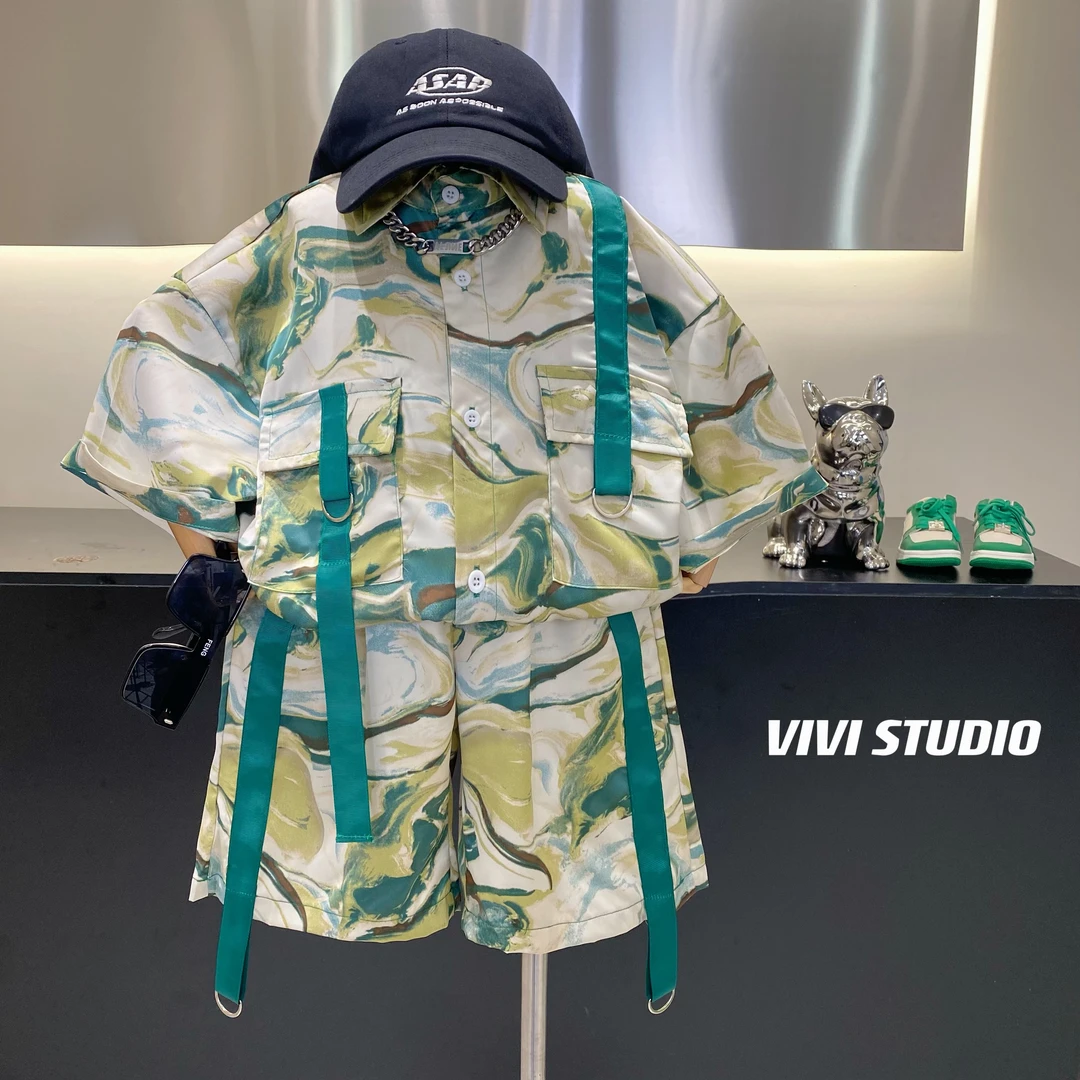 VIVI亲子装  「莫奈油画」2023夏款童装印花衬衣+短裤套装H4190
