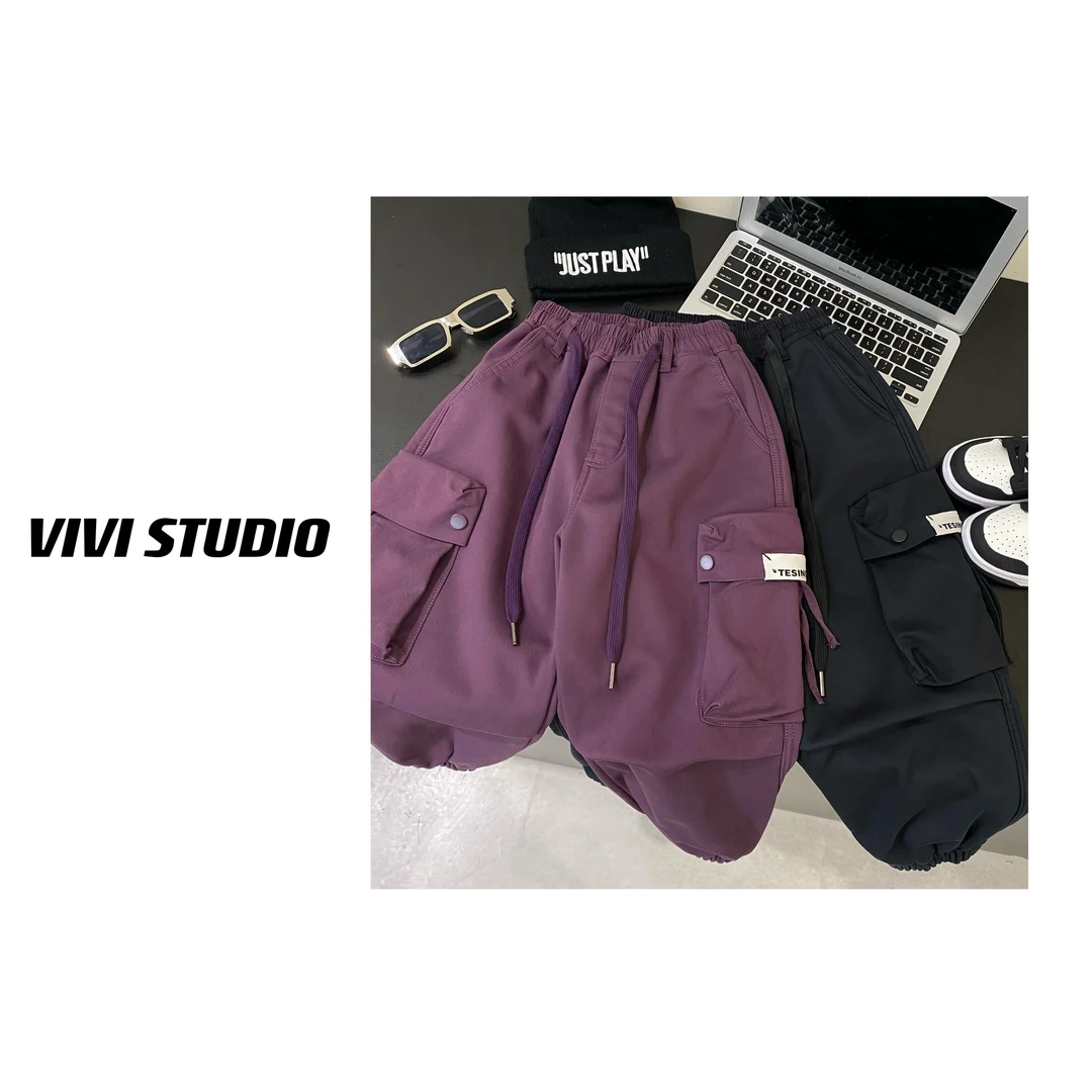 VIVI亲子装  设计款」2023冬款童装加绒休闲工装口袋长裤H4637