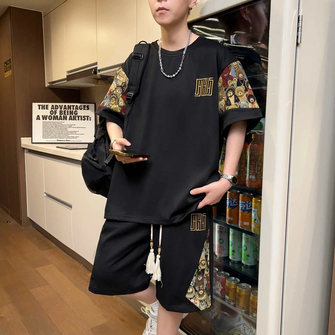 新中式套装男宽松薄款短袖短裤两件套国风夏季大码t恤休闲运动服