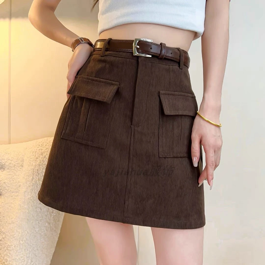 秋冬季新款灯芯绒高腰显瘦短裙2024美拉德穿搭A字防走光包臀裙女