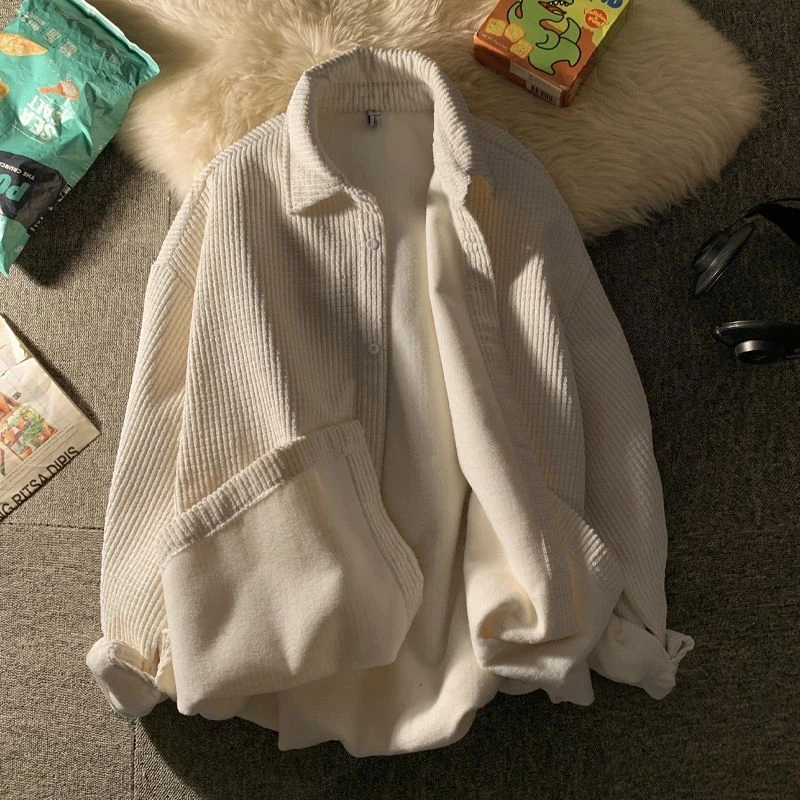 衬衫男女加绒秋冬新款纯色日系外套学生韩版宽松长袖上衣潮