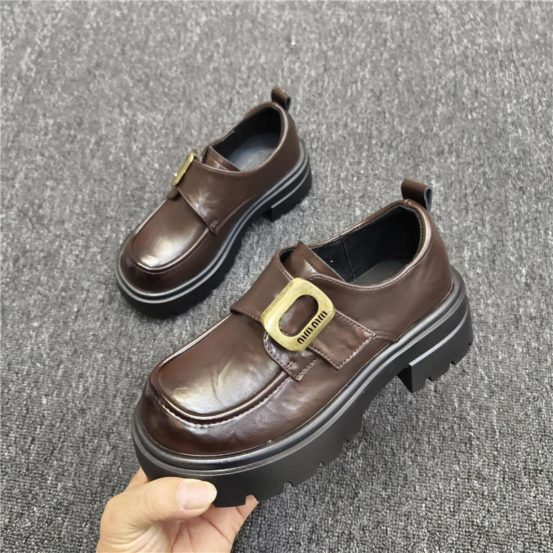 厚底乐福鞋女2025年春秋季新款英伦风增高松糕单鞋圆头棕色小皮鞋