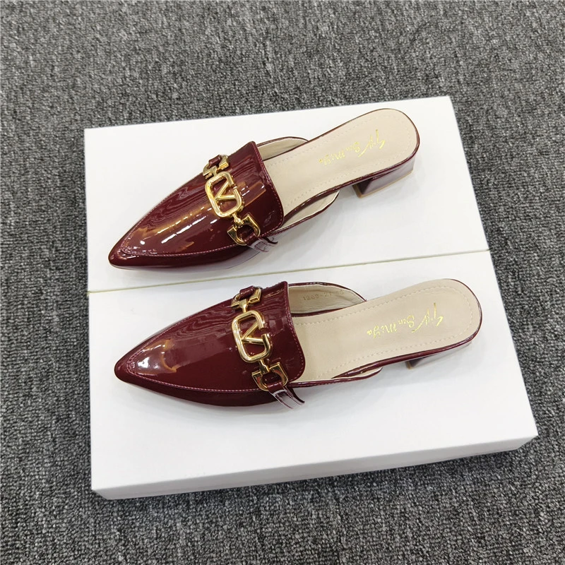 尖头半拖鞋女2025年秋季新款粗跟包头半托舒适外穿百搭低跟穆勒鞋