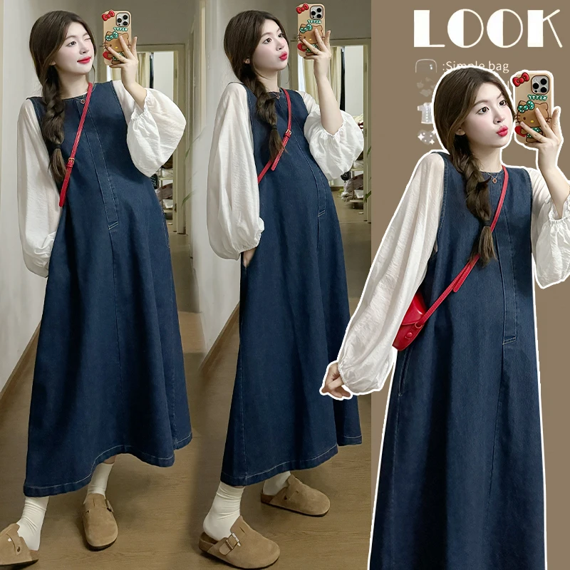 洋气上班族孕妇装女2025新款爆款简约韩版圆领套头中长牛仔背带裙