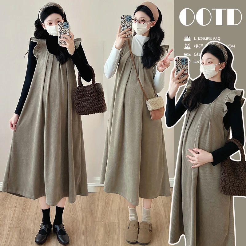 孕妇装秋冬装套装时尚宽松大码加厚孕妇背心裙+打底衫两件套冬季