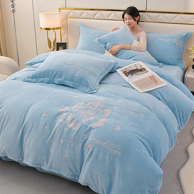 【花开富贵天蓝】牛奶绒四件套冬季加绒加厚保暖被套床单珊瑚双面绒