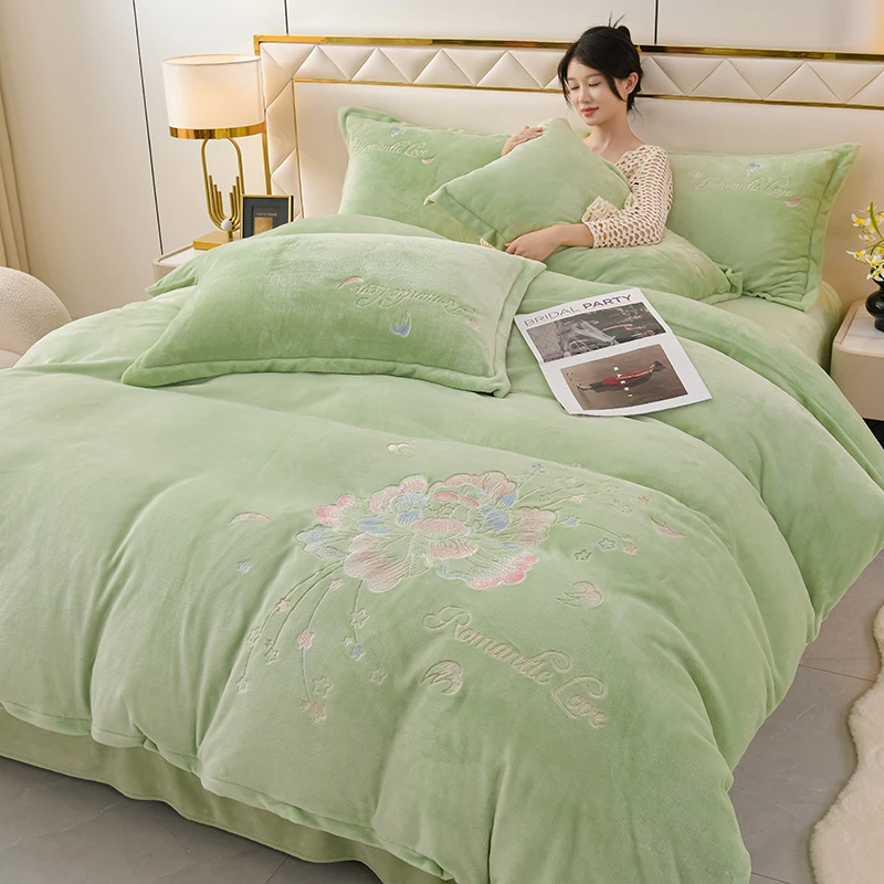 【花开富贵绿】牛奶绒四件套冬季加厚保暖被套床单珊瑚绒双面绒