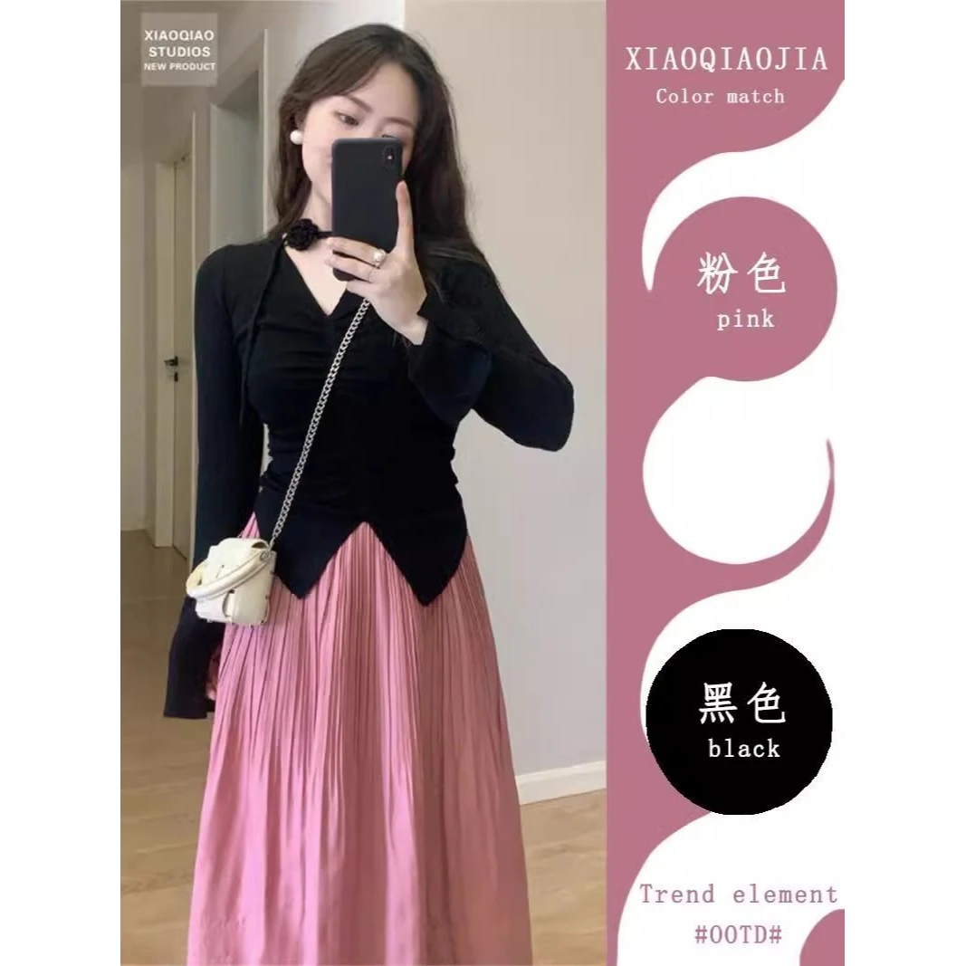 早秋季女装小个子韩系穿搭连衣裙女高级感收腰显瘦又甜又辣两件套