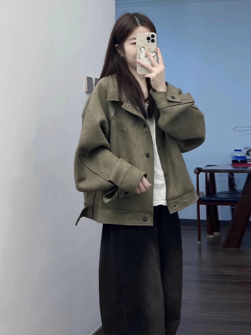 2024秋冬新款美式高级感鹿皮绒短款夹克外套搭配牛仔阔腿裤两件套