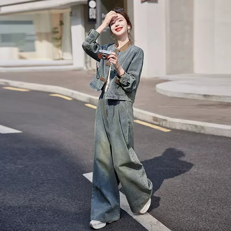2024早秋新中式牛仔外套上衣女洋气减龄复古宽松时尚牛仔阔腿裤潮