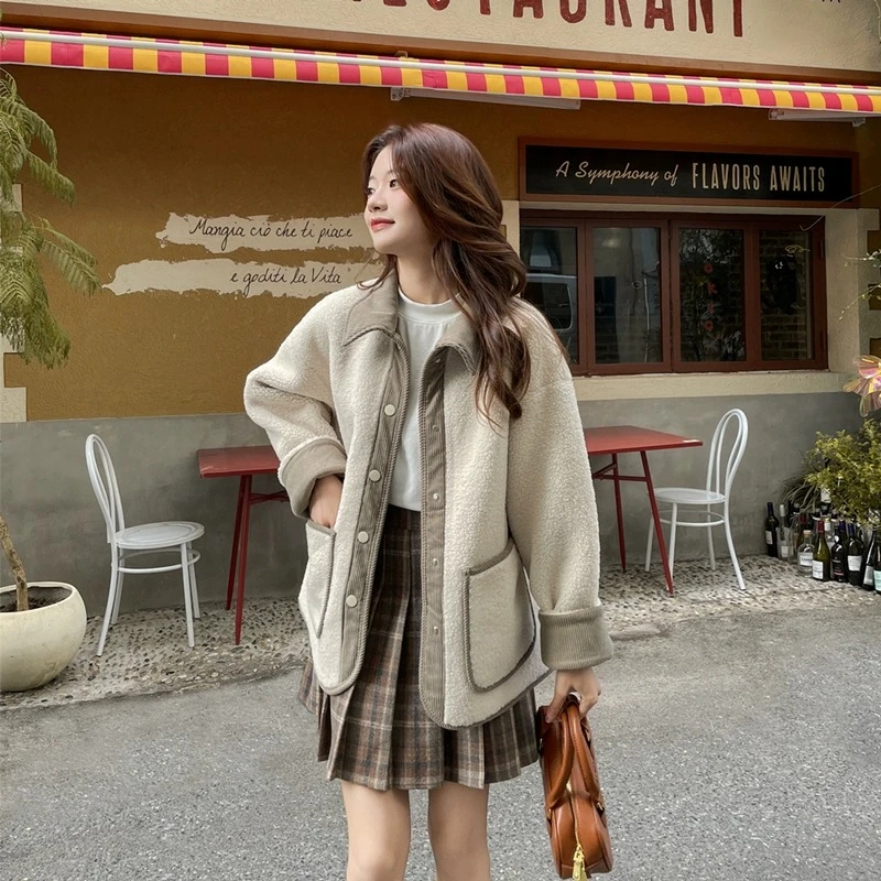 皮毛一体羊羔绒外套女冬季大码微胖mm韩版休闲撞色加厚颗粒绒上衣