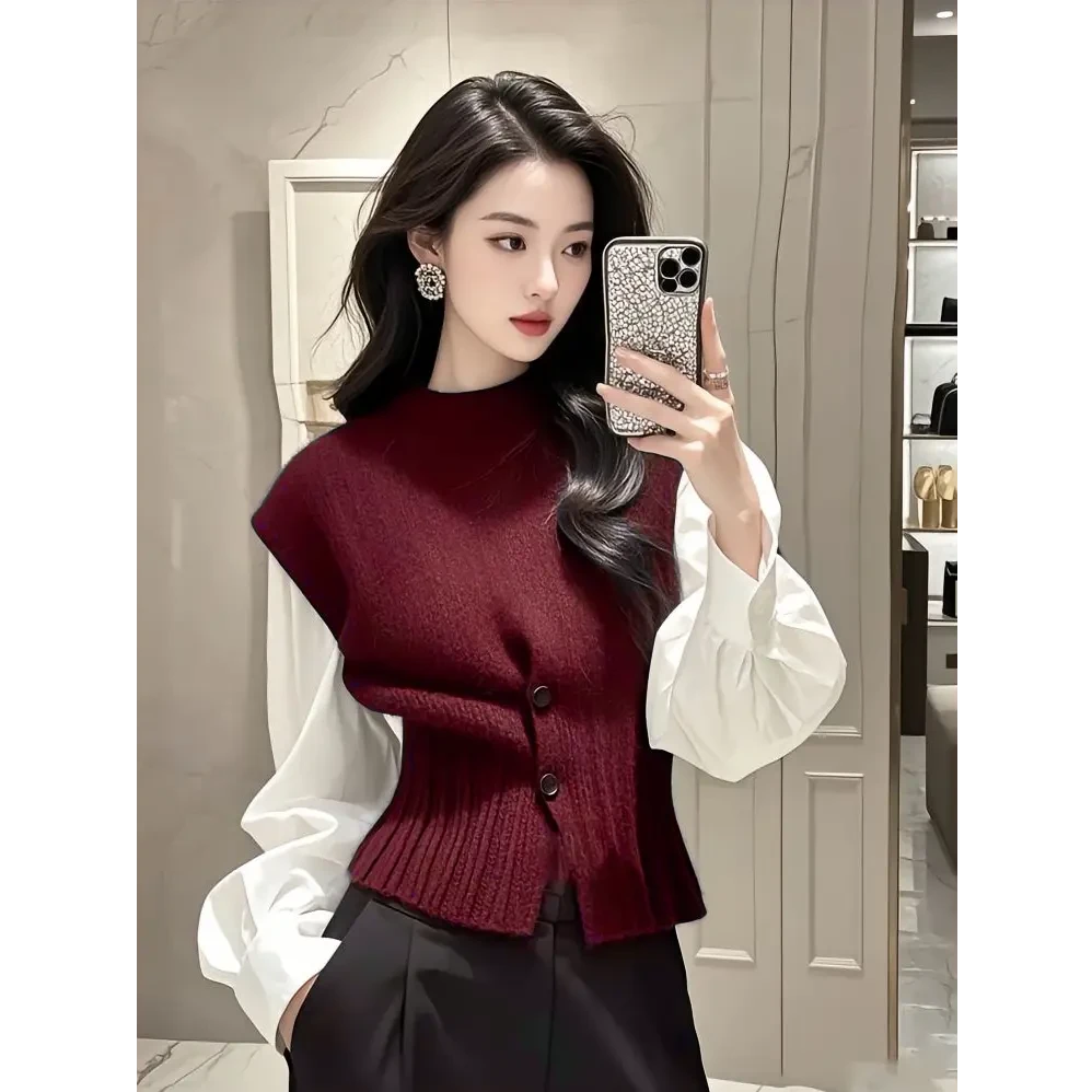 MIU系时髦减龄学院风两件套上衣女秋冬酒红色独特小香风针织马甲