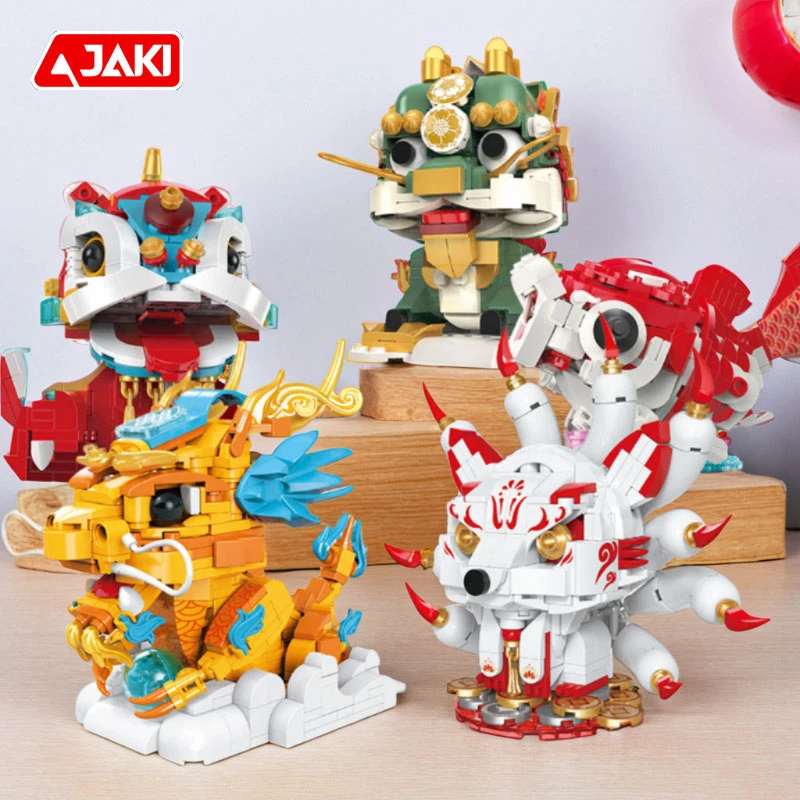 佳奇国风国潮积木山海经神兽福瑞九尾狐醒狮锦鲤麒麟拼装益智玩具