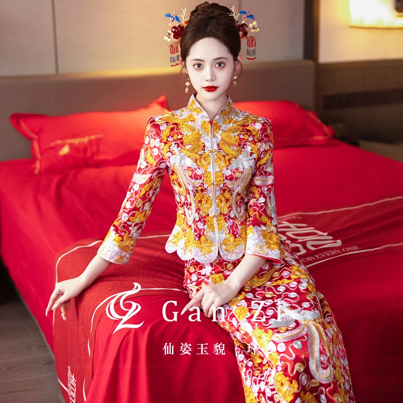 龙凤褂2025夏季新款小五福结婚嫁衣新娘秀禾服礼服小个子出阁服