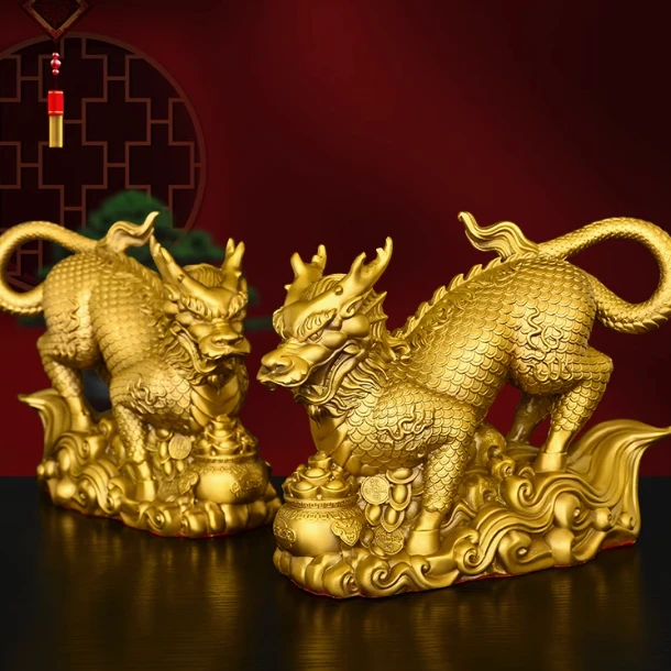 黄铜麒麟摆件一对聚宝盆麒麟工艺品玄关装饰办公室乔迁开业礼品