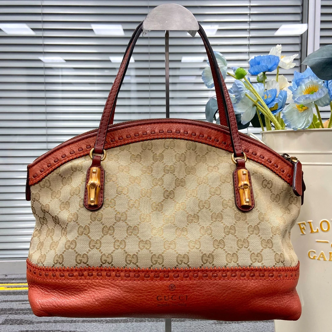 95新 GUCCI/古驰 XM/老花拼橘竹节单肩饺子包/YZ10622041