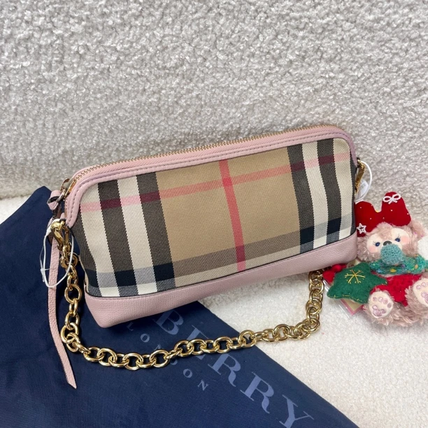 95新 BURBERRY/博柏利 XM/复古藕粉色格纹链条腋下包HM11603014