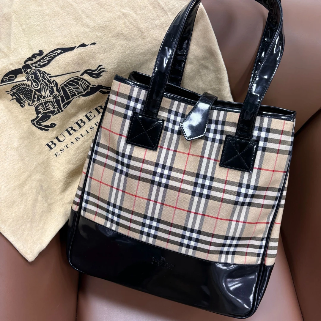 95新 BURBERRY/博柏利 XM/复古学院风拼皮手提单肩包THPF11726008