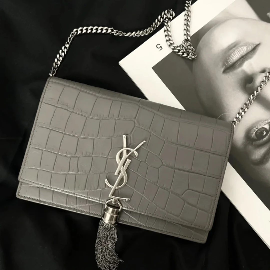 99新 YSL/圣罗兰 XM/灰银色鳄鱼压纹 流苏kate链条包/KH12530565