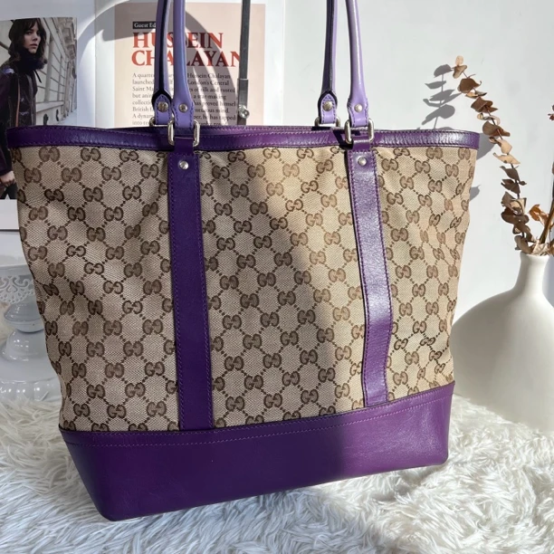 95新 GUCCI/古驰 XM/经典满印老花拼紫皮托特单肩包/SS10615069