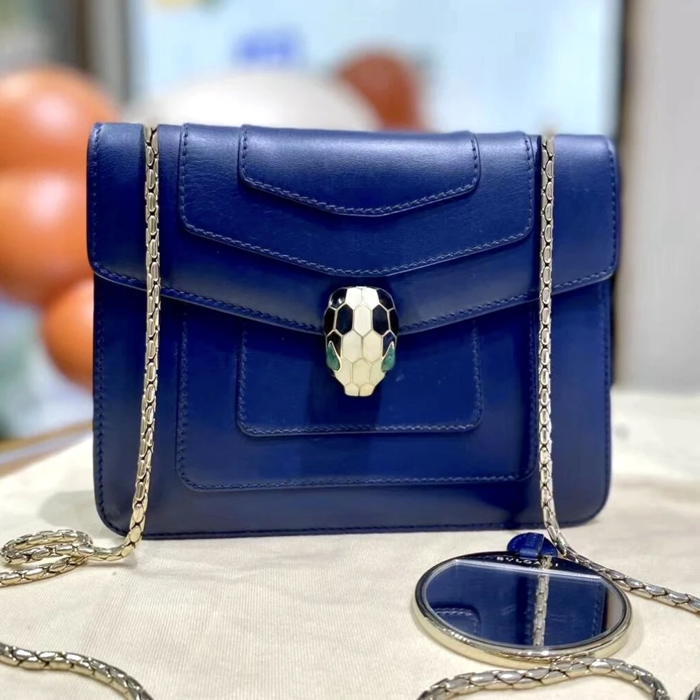 95新 BVLGARI/宝格丽 XM/孔雀蓝色蛇头气质链条包/T42207205661