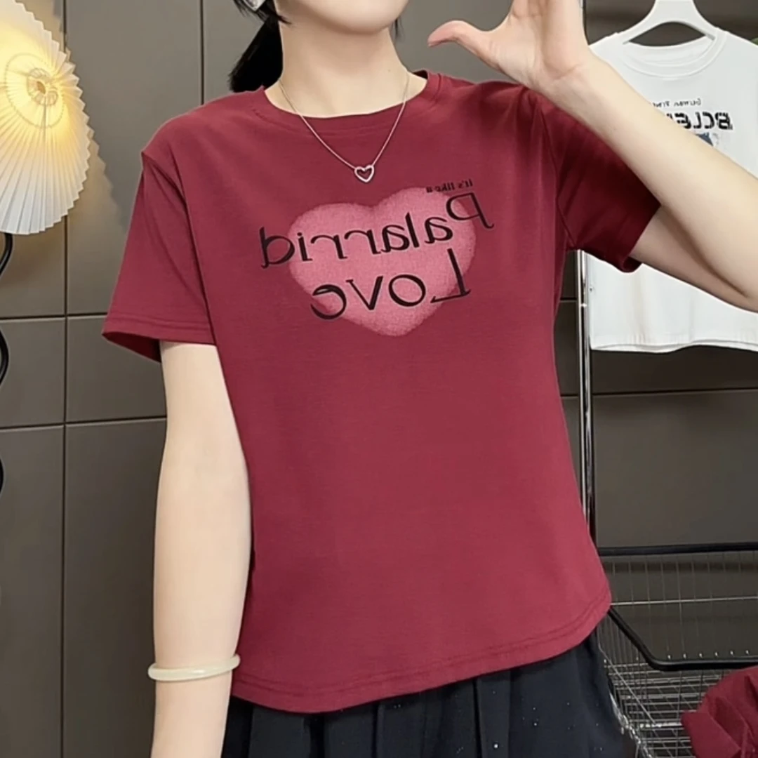 LOVE桃心短袖T恤时尚百搭洋气减龄显瘦休闲短袖t恤女圆领小众半袖