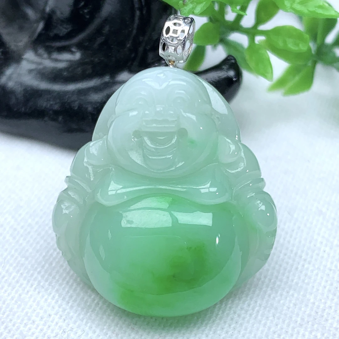 天然缅甸翡翠A货飘阳路玉佛公大肚佛吊坠挂件含扣