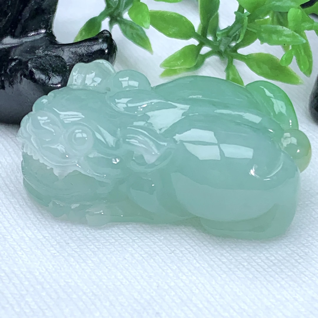 天然缅甸翡翠A货冰润满绿口含珠胖胖貔貅吊坠挂件