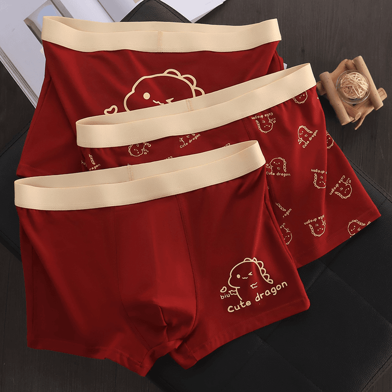 本命年男士内裤全棉100%纯棉抗菌内裆男生卡通龙年款酒红色短裤头
