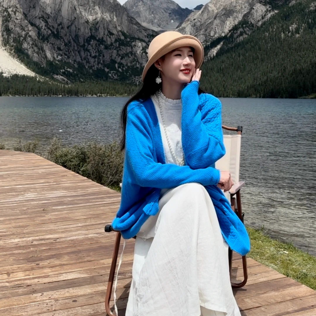 【宇宏依依推荐】2024秋冬新款慵懒风纯羊毛一衣两穿纯色开衫外套