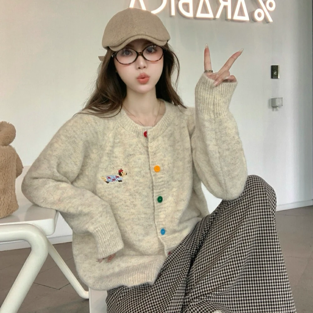 【彩扣腊肠小狗】秋冬糖果色刺绣小狗毛衣外套针织开衫宽松百搭