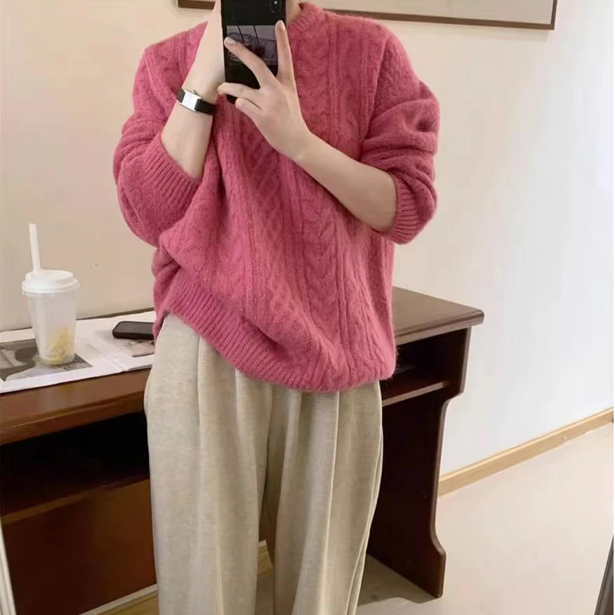 【圆领麻花套头毛衣】高级感慵懒风糖果色套头毛衣麻花针织衫休闲